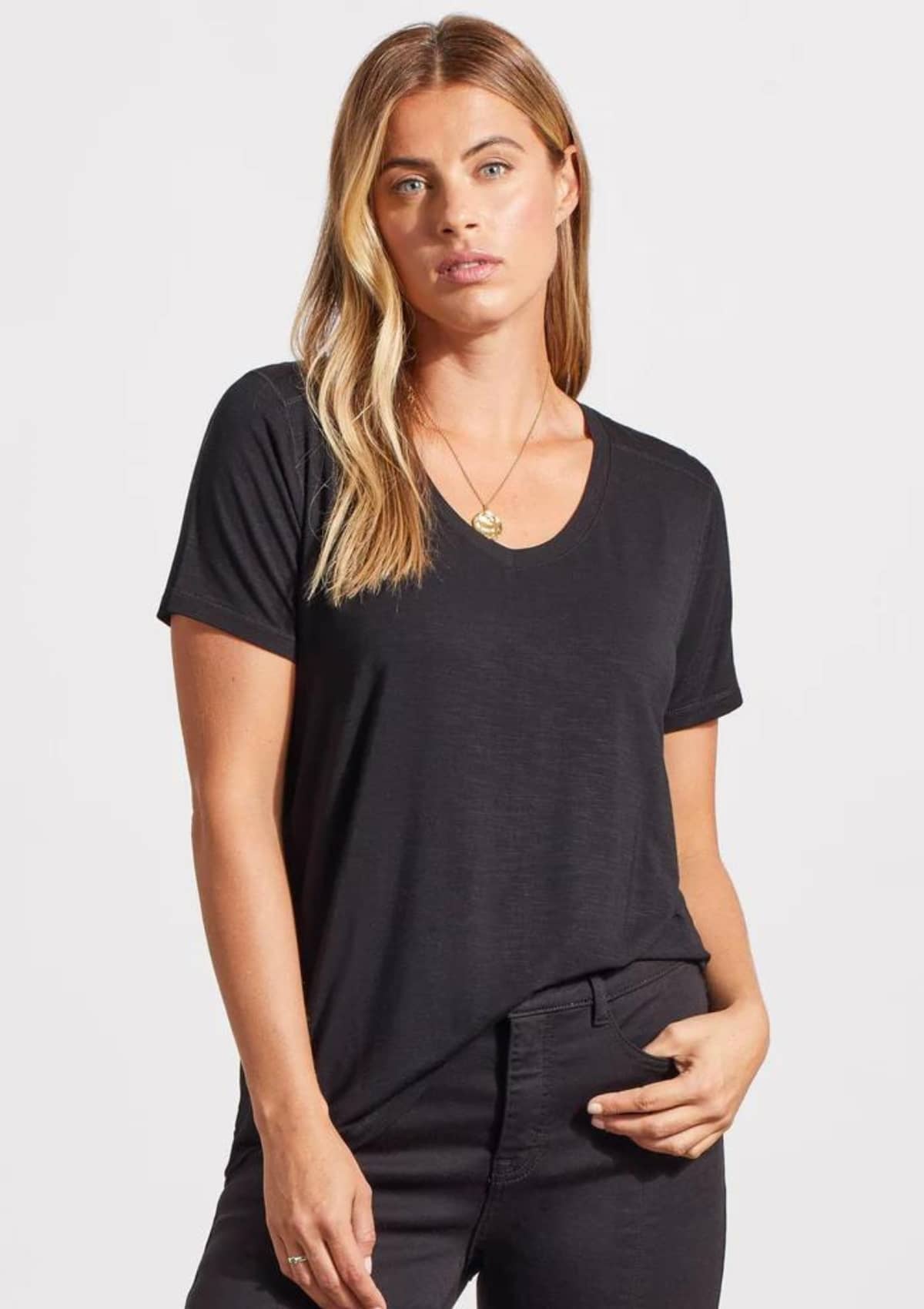 Short Sleeve V-Neck Top with Special Stitching - Black -Tribal- Ruby Jane-