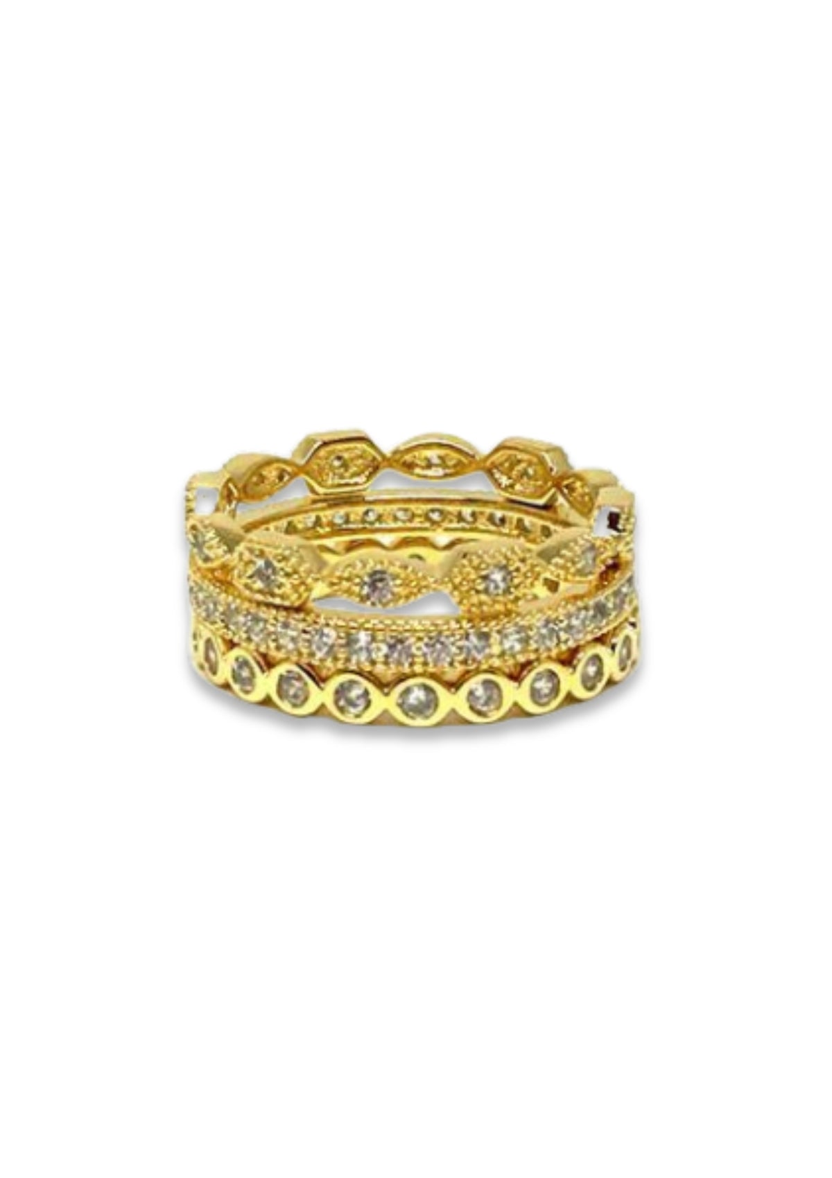 3 rings stacked together that creates a large gold ring look.