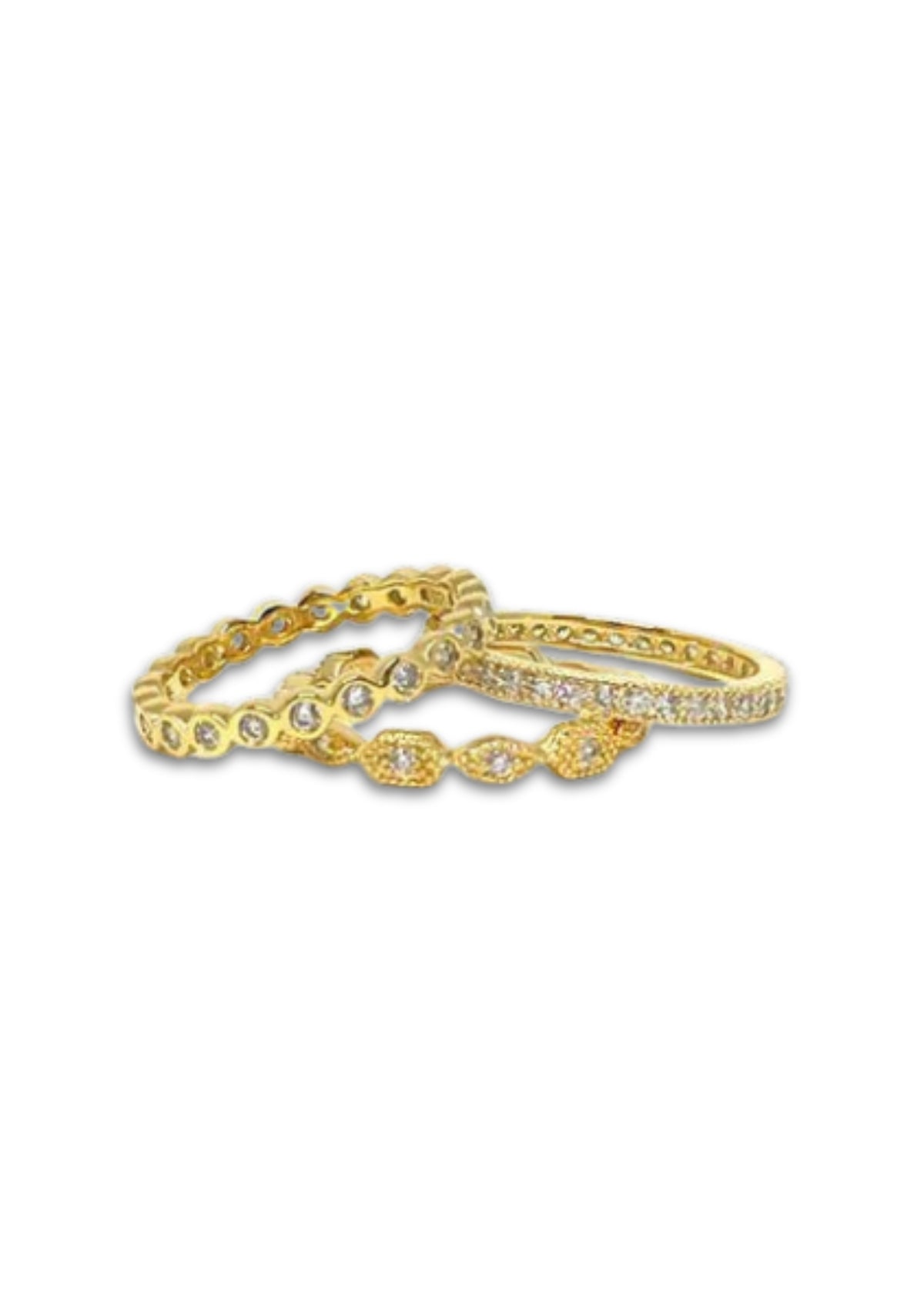 3 Gold rings separate showing cubic zirconia stones.