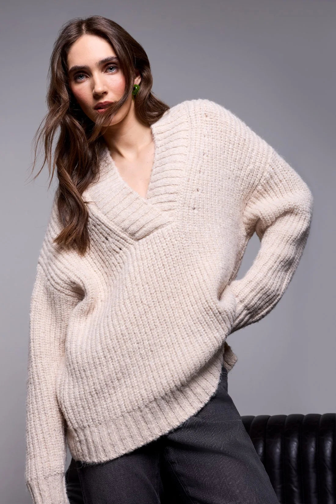 Oversized V-Neck Sweater - Cream