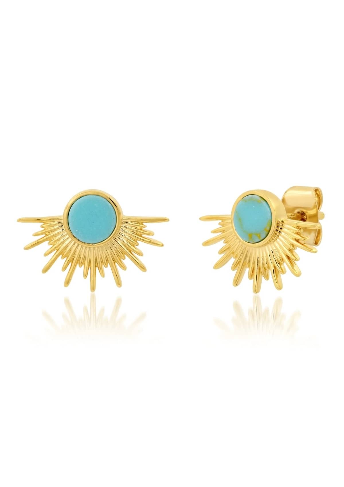 Round turquoise gold sun rays stud earrings.