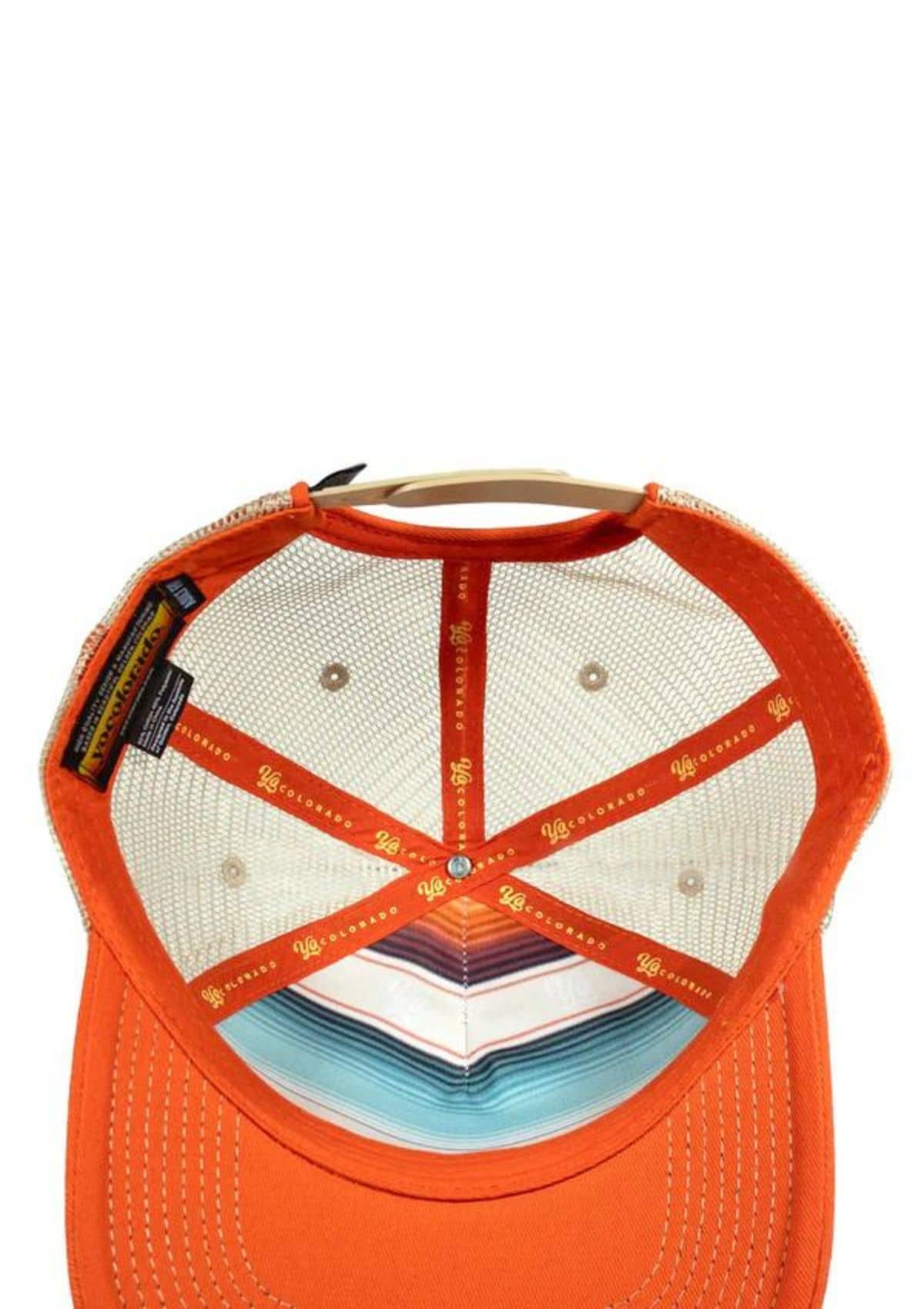 Orange accents and bill. Tan mesh and snapback.