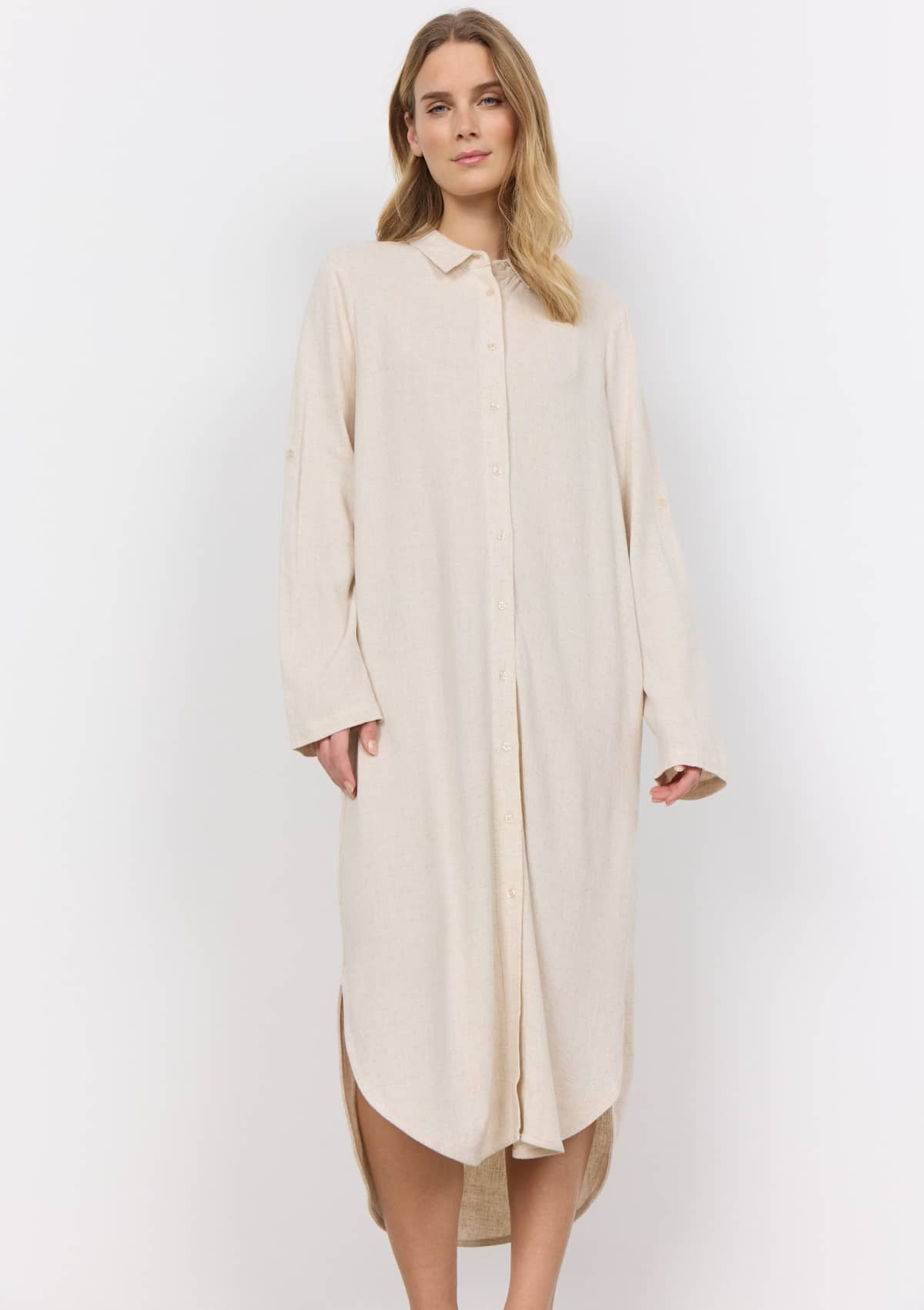 Long button up collared long sleeve dress.