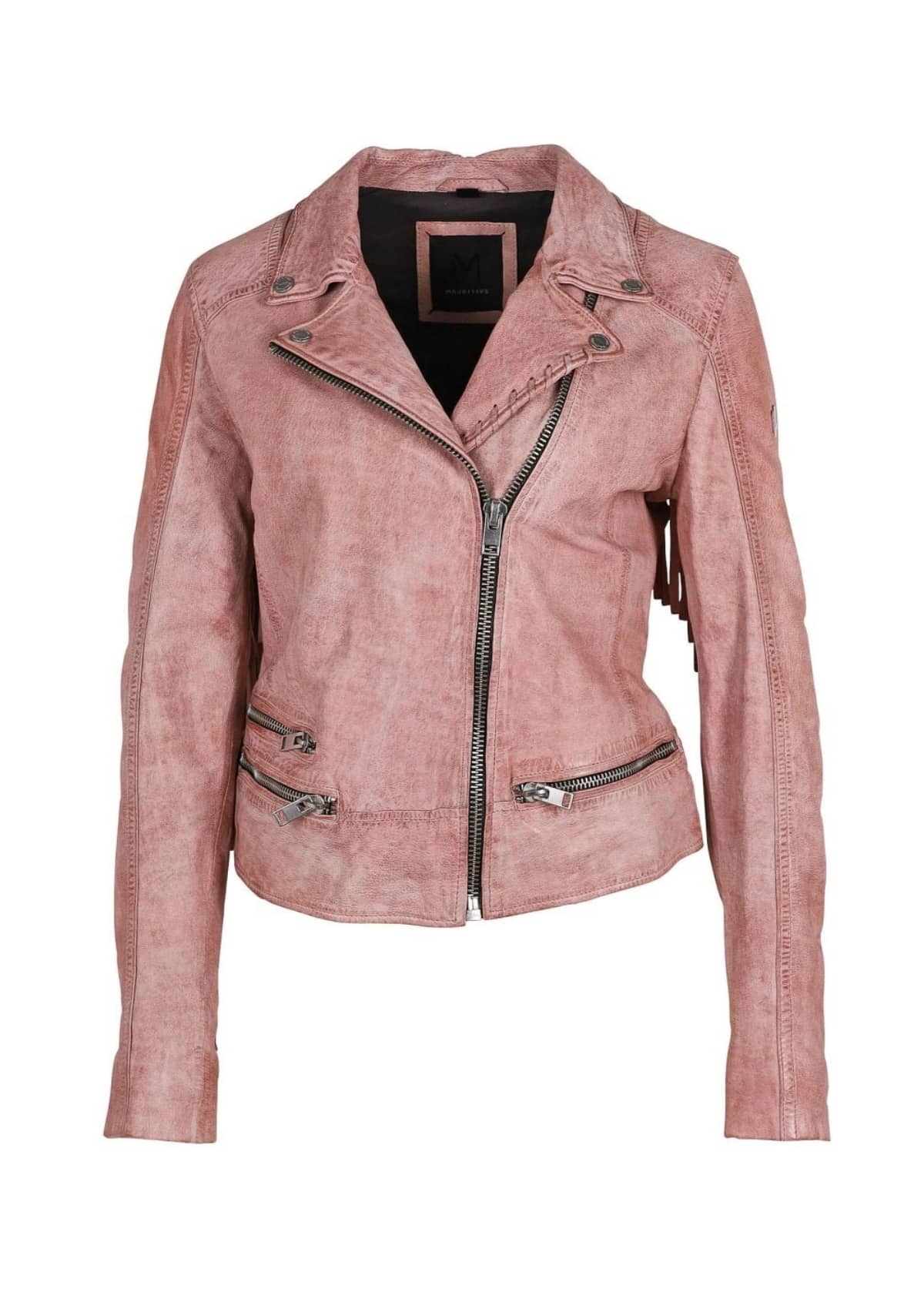 Side zipper and collared distressed pink women's leather jacket.