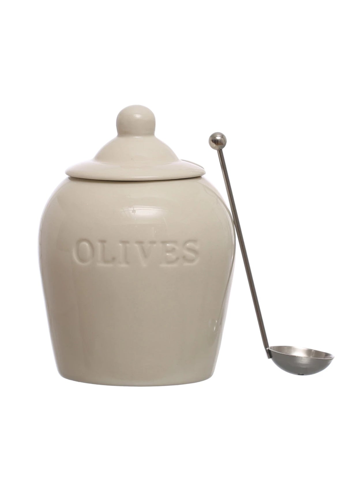 Debossed Stoneware Jar w/ Slotted Spoon "Olives" Set of 2