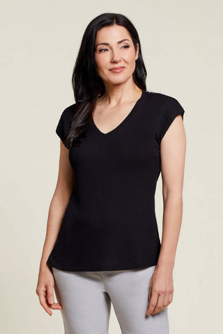 Cap Sleeve V-Neck Top, Black