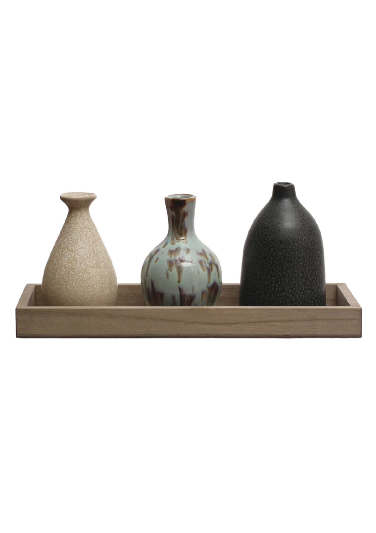 Wood Tray w/ 3 Stoneware Vases Set of 4