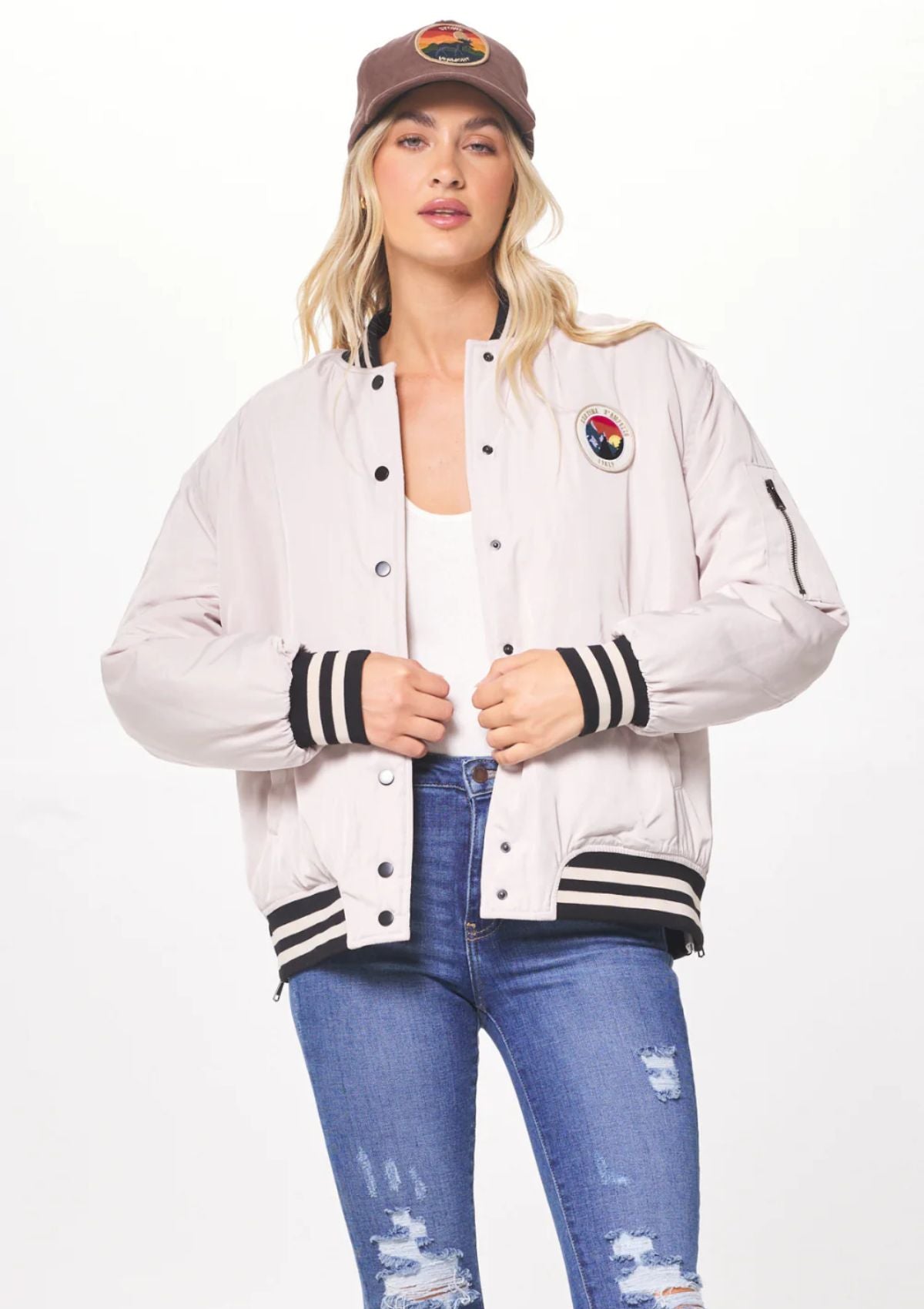 Collins Satin Bomber Jacket with Patch Detail
