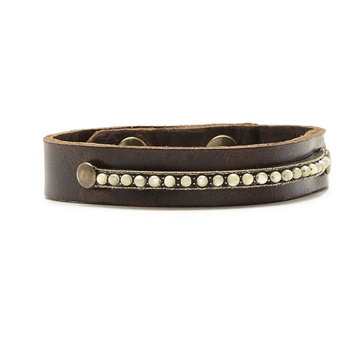Narrow Leather Band Crystal ID Bracelet, Vintage Brown Mother Of Pearl