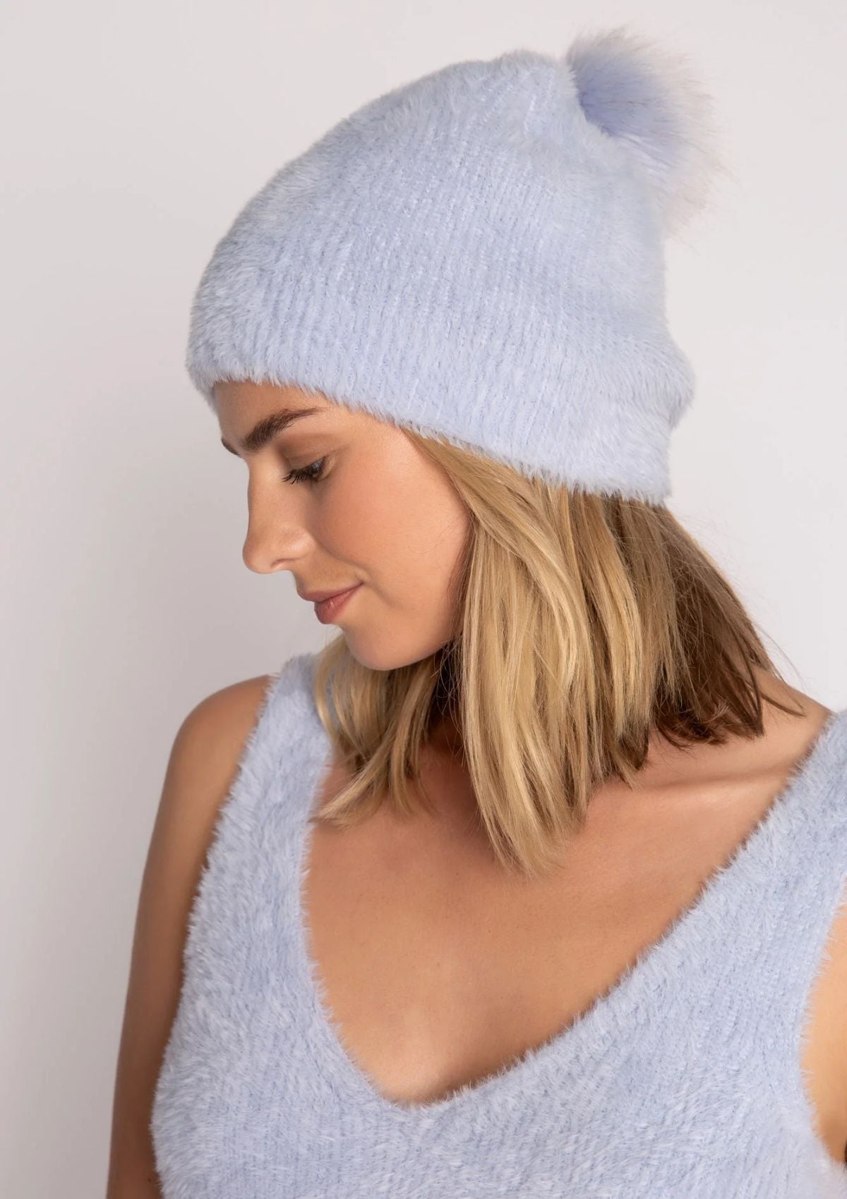 Feather Knit Beanie in Blue Mist